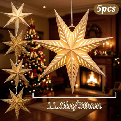 Paper Star Lantern Set of 5 Foldable 3D Hanging Decorations with Light - Brown Mix