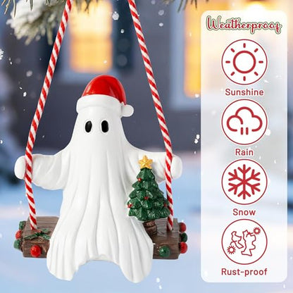 Halloween Ghost Swing Ornament with Santa Hat - Holiday Seasonal Decor
