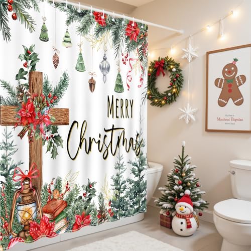Christmas Shower Curtain with Cross and Pine Branches - 72x72 Inch Waterproof Bathroom Decor