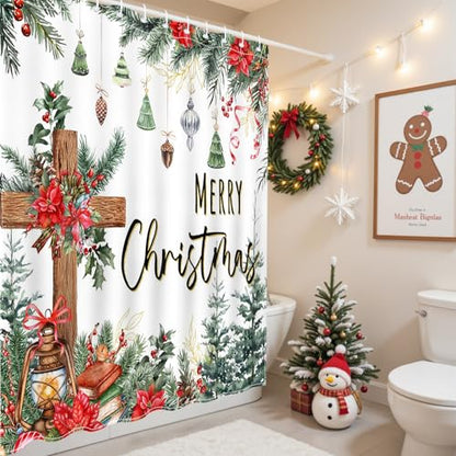 Christmas Shower Curtain with Cross and Pine Branches - 72x72 Inch Waterproof Bathroom Decor