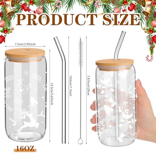 Christmas Glass Cups Set 16 oz with Lids, Straws & Brush - White Style