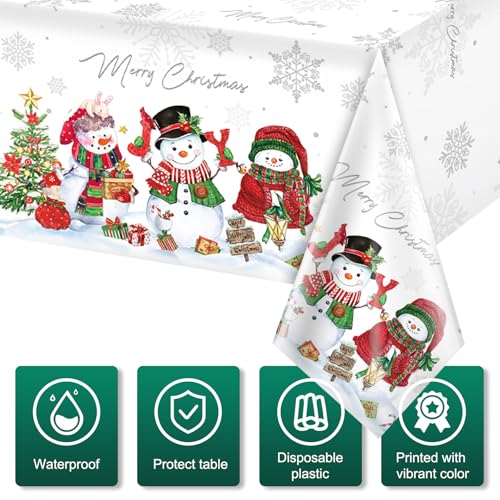 12 Pack Christmas Snowman Tablecloths - Waterproof Plastic Holiday Decor 54x108 Inches