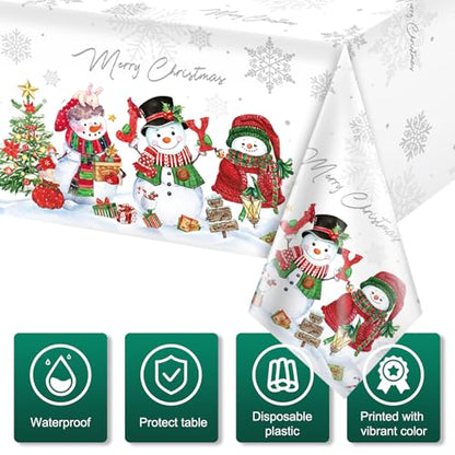 12 Pack Christmas Snowman Tablecloths - Waterproof Plastic Holiday Decor 54x108 Inches