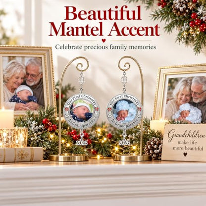 Medium Set of 2 Christmas Photo Ornaments - Our First Grandparents 2026 with Red Bow & Lamb Accents