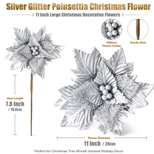 Artificial Poinsettia Flower for Christmas Tree Decoration - Silver, 11 Inch