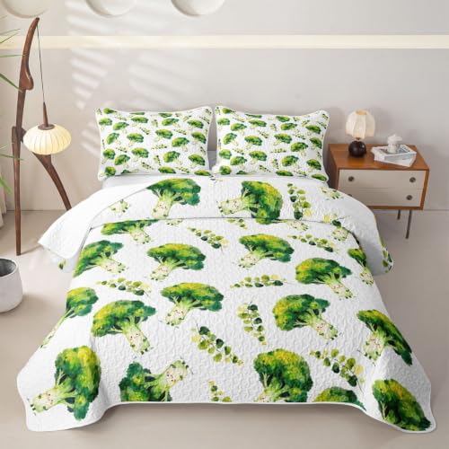 Homewish Broccoli Vegetable Quilt Set Queen Size for Girls Boys Teens - Green Vegetables 01