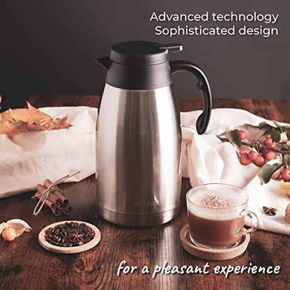 Pykal Thermal Coffee Carafe Stainless Steel - Heavy Duty Lab Tested Heat Retention - 2L (68 oz) Insulated Coffee Thermos Water & Beverage Dispenser - Premium Grade Thermal Pot Silver