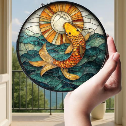 Sunlit Koi Fish Stained Glass Window Art with Flowing Water Theme - Bright Aquatic Decor