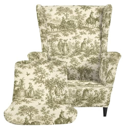 Vintage Toile De Jouy Wingback Chair Cover - Dustproof Slipcover with Elastic Bottom, Pet Safe