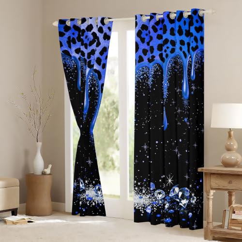 Black Royal Blue Leopard Print Blackout Curtains 2 Panel Set - 76W x 45L Inches