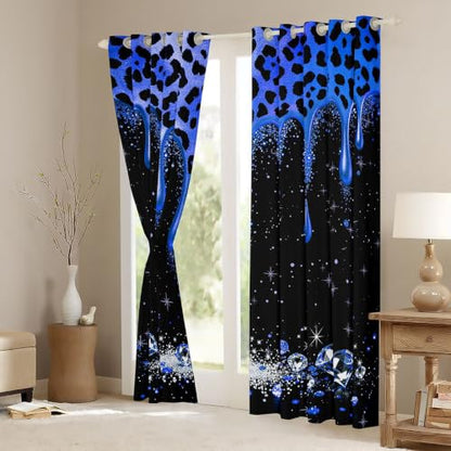Black Royal Blue Leopard Print Blackout Curtains 2 Panel Set - 76W x 45L Inches
