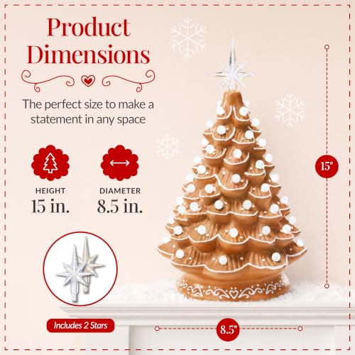 15in Ceramic Christmas Tree with White Bulbs & Star Toppers - Gingerbread Variation