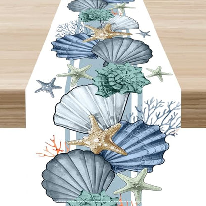 13x90 Inch Coastal Table Runner - Nautical Starfish Coral Shell Beach Ocean Dining Decor - Variation of THIS listing