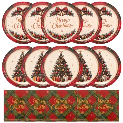 Christmas Tree & 100Pcs Buffalo Plaid Paper Plates and Napkins Set - Red & Green