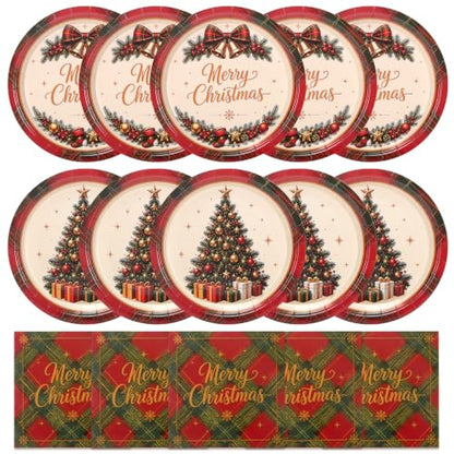 Christmas Tree & 100Pcs Buffalo Plaid Paper Plates and Napkins Set - Red & Green
