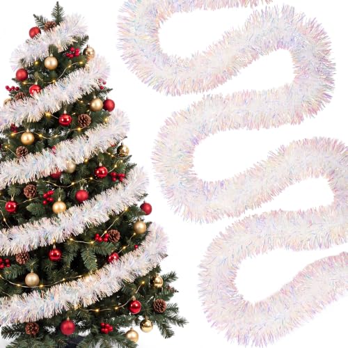 Rainbow White Iridescent Christmas Tinsel Garland 33FT for Holiday Decor