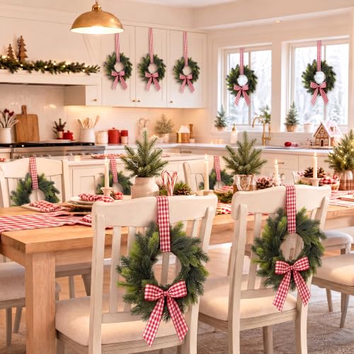 12 Pcs Mini Christmas Wreaths for Cabinets with Gingham Bow - Farmhouse Decor