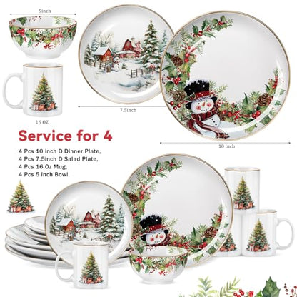 Christmas Snowman Dinnerware Set of 16 with Christmas Tree Variation
