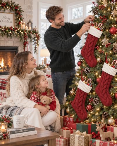 Christmas Stockings 3 Pack 18 Inch Cable Knit Holiday Decor - Red White