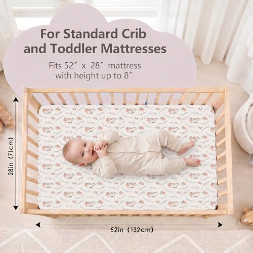 Baby Crib Sheets for Girls & Boys 3 Pack Pink+White+Flower Fitted 52x28x8 Inches