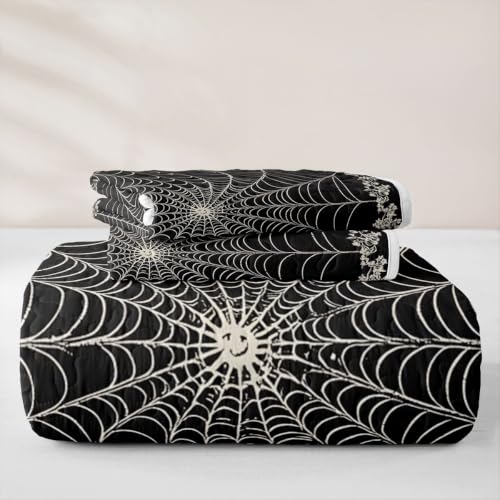 Halloween Spider Web Lace Quilt Set Black Grey Twin Size All Season Bedding