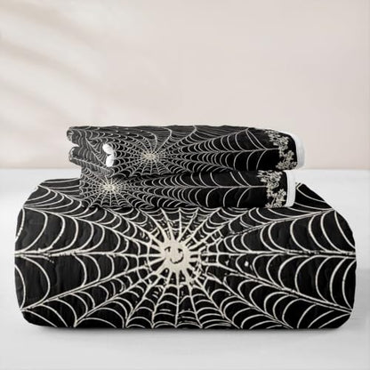 Halloween Spider Web Lace Quilt Set Black Grey Twin Size All Season Bedding