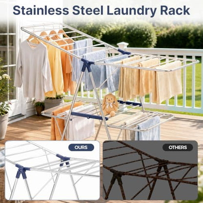 Large Dark Blue Stainless Steel 2-Tier Foldable Clothes Drying Rack - 57 Inches Max Height