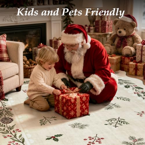 LIVEBOX Christmas Runner Rug for Kitchen 2x6 Beige Washable Non Slip Floral Bow Scalloped Edge