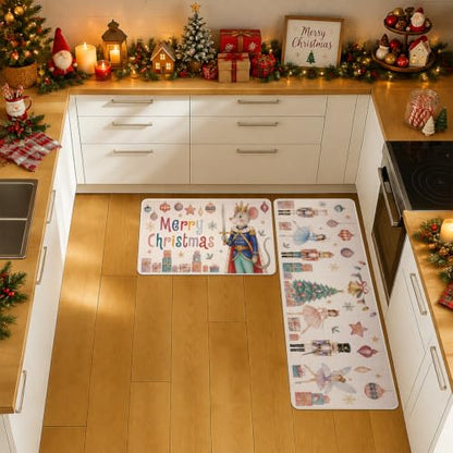 Christmas Kitchen Mats Set of 2 - Multi Color Nutcracker Decor 17x29 & 17x47 Inches