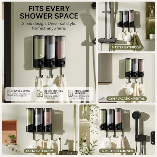 Wall Mounted Shampoo and Conditioner Dispenser with Hooks - 1200ML No-Drill Bathroom Organizer - Black