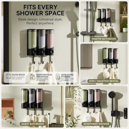 Wall Mounted Shampoo and Conditioner Dispenser with Hooks - 1200ML No-Drill Bathroom Organizer - Black