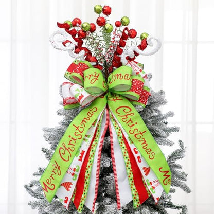 Christmas Tree Topper Bow - Large Red & Green Holiday Decoration, Ball Variation