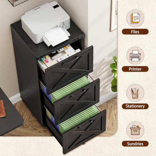 Farmhouse 3-Drawer Tall File Cabinet on Wheels - Black, Space-Saving Storage