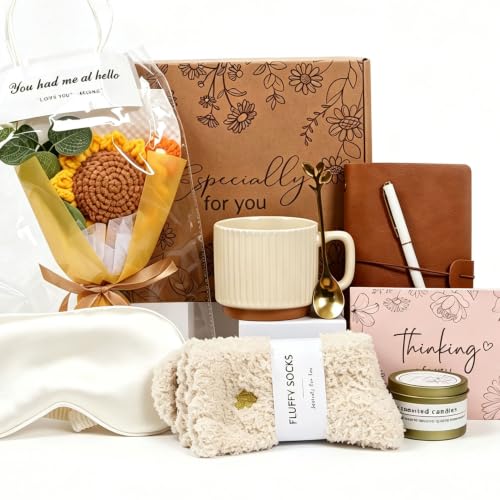 Brown Birthday Gift Basket for Women with Coffee Mug, Sunflower & Self-Care Items