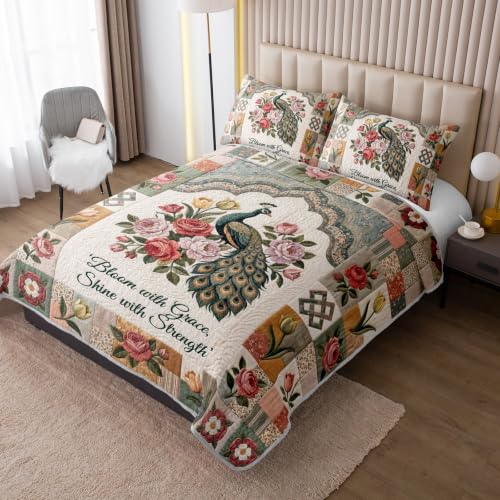 Queen Size Patchwork Peacock Bedspread Coverlet Set - 3 Pieces, Pink Roses & Floral Quilt with Pillow Shams, Green Metallic Tail Design, Garden Room Decor
