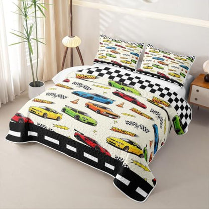 Racing 05 Twin Size Quilted Bedspread Set - Black White Checkered Coverlet with Pillow Sham