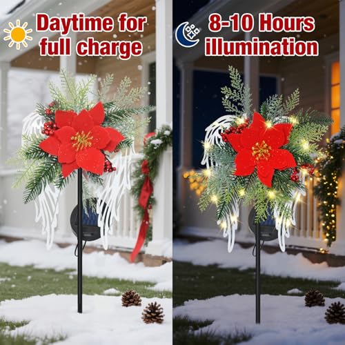 Red Solar Christmas Lights Outdoor Decorations Angel Wings Poinsettia Stakes - Waterproof Garden Pathway Yard Lawn