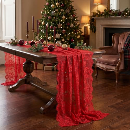 6 Pack Red Lace Table Runners 30x120 Inch for Christmas Holiday Decor