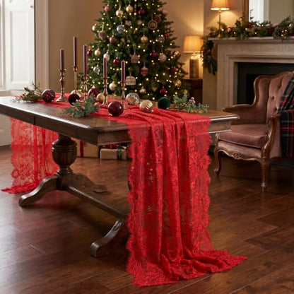 6 Pack Red Lace Table Runners 30x120 Inch for Christmas Holiday Decor