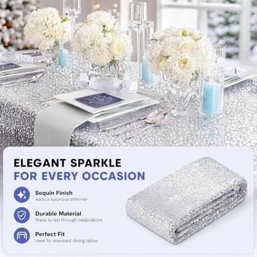 Silver Sequin Tablecloth 50x72 Inch - Sparkly Glitter for Wedding Party, Rectangular Silver
