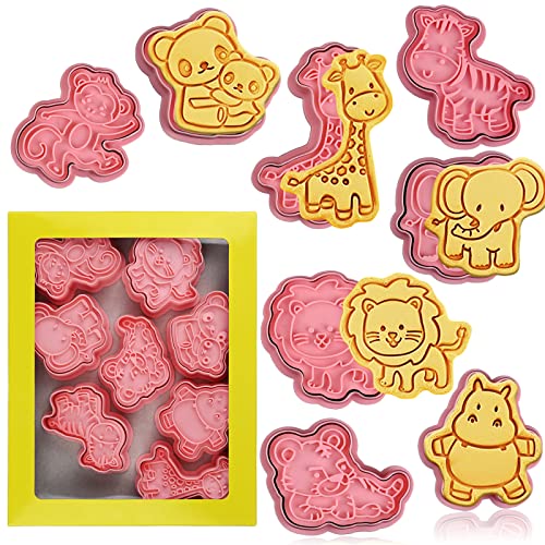 Animal Cookie Cutters with Plunger Stamps - 8 Pcs 3D Animal Shapes, Reusable Kids Baking Tool