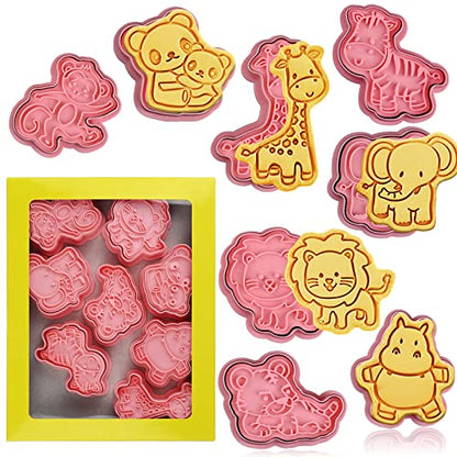 Animal Cookie Cutters with Plunger Stamps - 8 Pcs 3D Animal Shapes, Reusable Kids Baking Tool