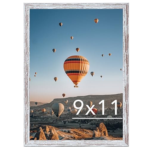 JCJMY 9x11 Picture Frame Rustic White for Wall Hanging or Tabletop, Wall Mounting Horizontally or Vertically, 9 x 11 Wall Gallery Poster Photo Frame with Shatter Resistant Plexiglass, Rustic White