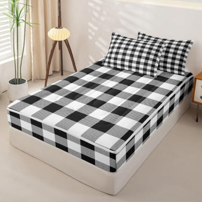 Buffalo Plaid Zipper Bedding Set Twin - Black and White, Includes Comforter and Sheets
