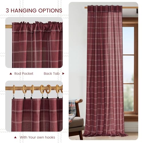 NICETOWN Buffalo Plaid Light Filtering Window Curtains - 52W x 108L Burgundy Red, Pack of 2, Diagonal Check