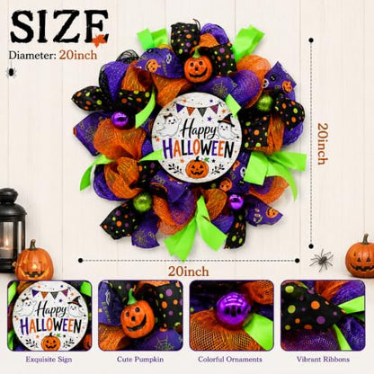 Purple Halloween Wreath for Front Door with Happy Halloween Sign - 18 Inch Outdoor Decor