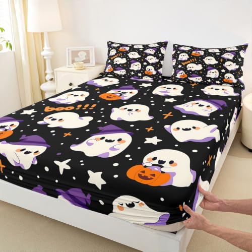King Size Kids Ghost Bed Sheet Set with Bow Tie Pumpkin Stars Halloween Bedding - Brown