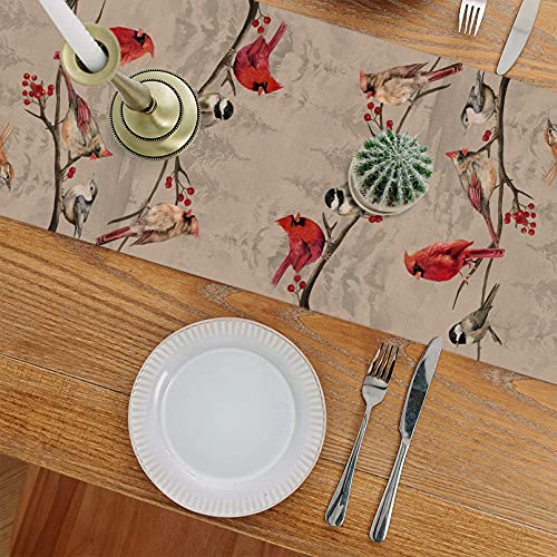 Vintage Bird Branch Table Runner - 13 x 72 Inches Winter Cardinal & Chickadee Berry