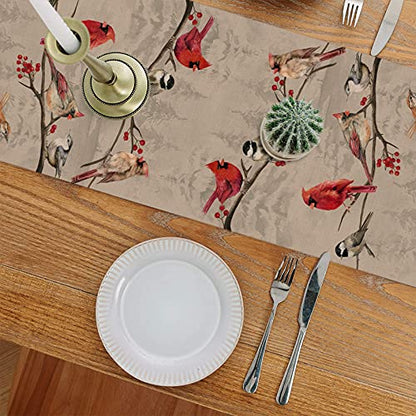 Vintage Bird Branch Table Runner - 13 x 72 Inches Winter Cardinal & Chickadee Berry