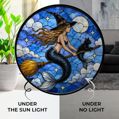 Mermaid Witch Stained Glass Panel 7.9 Inch - UV-Printed Home Decor Suncatcher - Variation 1 / 20cm